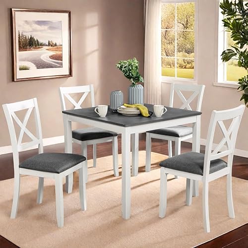 Miniatura 12 de Juego de mesa de comedor Trygoal para 6, juego de mesa de comedor de 6 piezas estilo granja con mesa rectangular, 4 sillas tapizadas con respaldo y