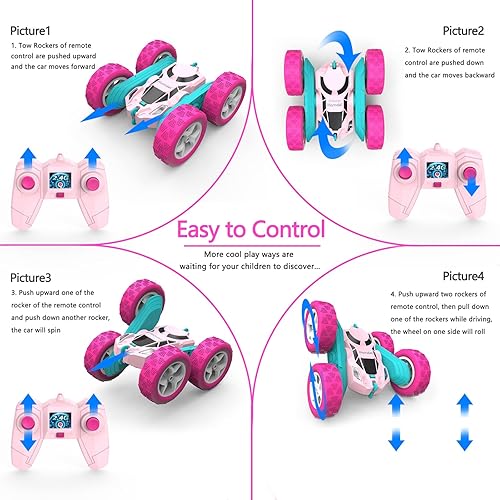 Miniatura 4 de Hamdol Auto a control remoto para niñas auto a control remoto rosa de doble cara con tapa de 360 con faros neumáticos todo terreno baterías