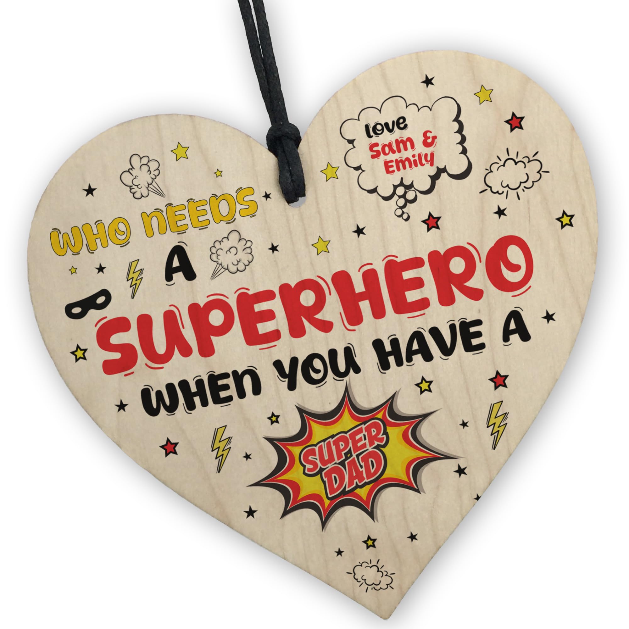 Red Ocean PERSONALISED Daddy Dad Superhero Fathers Day From Son Daughter Wooden Heart Super Hero For Dad SUPER DAD Thank You For Dad