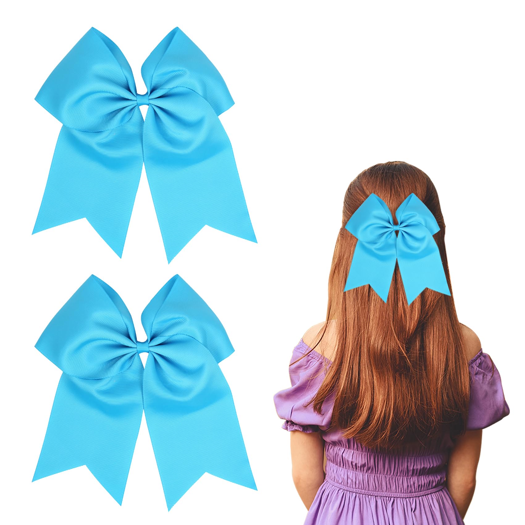 2 Pack Large Hair Bows for Women & Girls - 8 inch Lake Blue Hair Ribbon Bow Clips