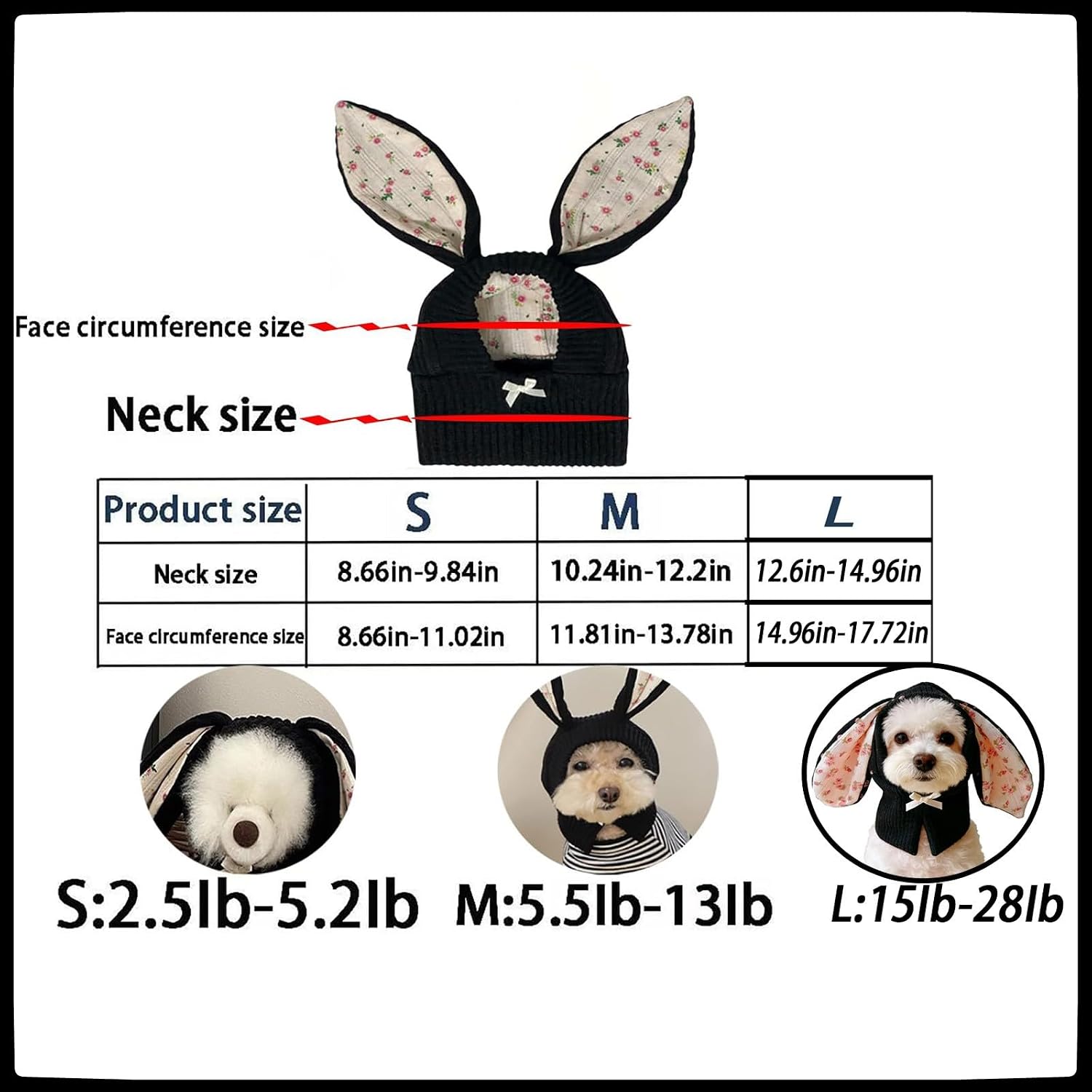 Rabbit Quiet Ears for Dogs & Cats - Knitted Dog Hats with Noise Protection & Warmth - Winter Hat & Head Wrap - Bunny Costume (Black, Medium)