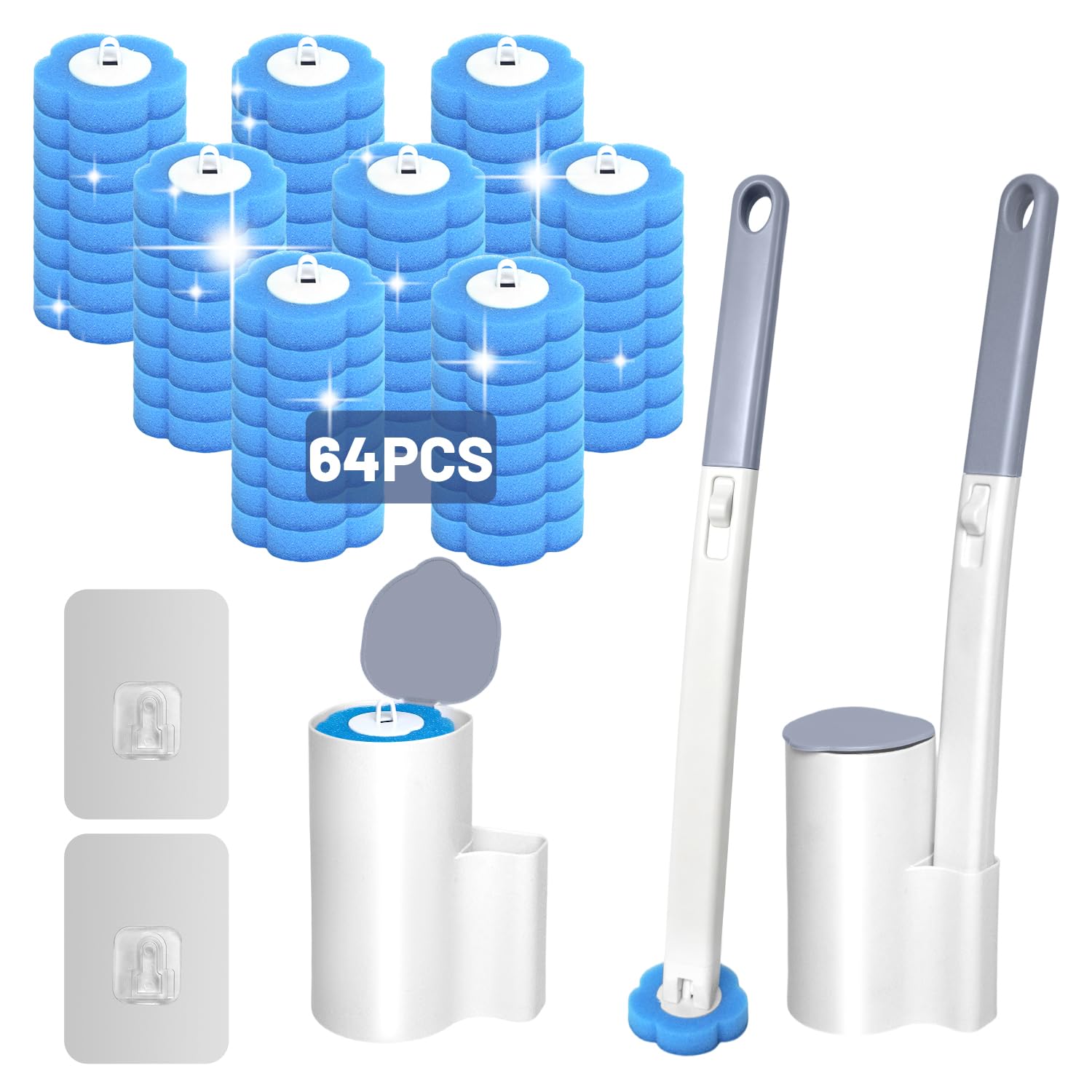 Scopino WC Usa e Getta – Set di Scopino Bagno WC a Parete in 2 Pezzi, Comprensivo con 64 Testine con detergente e 2 Supporti per Riporle, per Pulizia WC, Bagno, Lavabo e Vasca