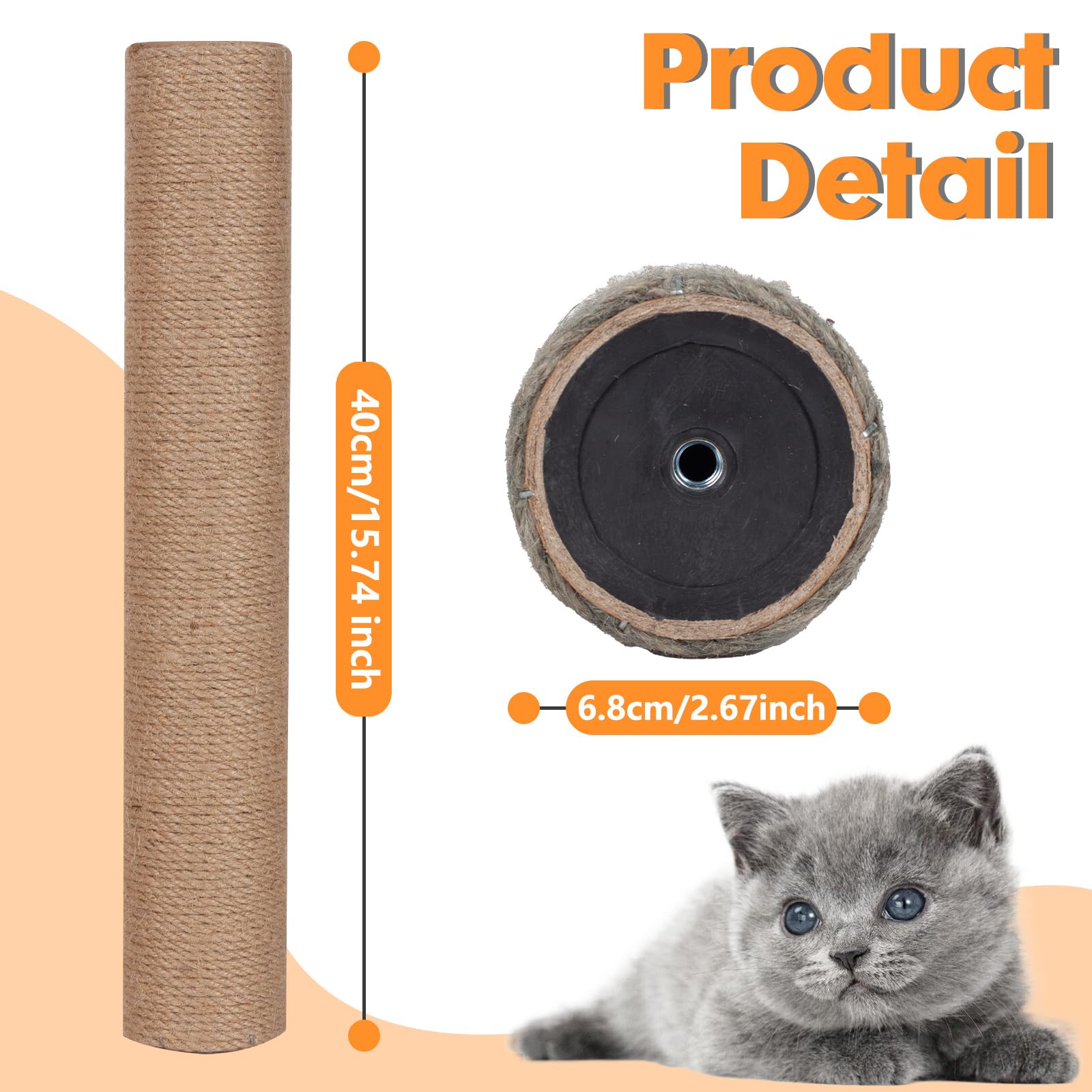 Paquete de 4 postes rascadores de repuesto para gatos de 15.7 pulgadas, postes rascadores de cuerda de sisal natural con tornillos M8 para piezas de renovación de torre de gatos de interior