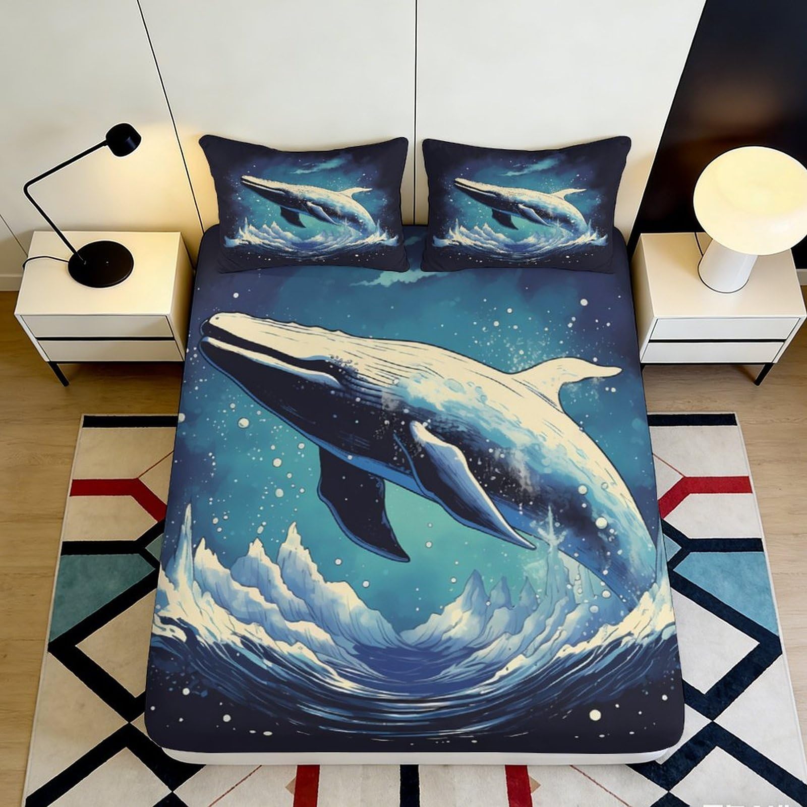 Jqzkxnhpbr Style-7 3D Printed Ocean Whale Fitted Sheet Microfiber Soft Bed Cover Night Sea Mattress Cover For Bedroom Dorm Decor 90X200x25cm