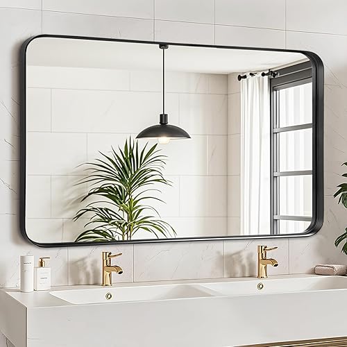 Miniatura 8 de Fabuday Espejo de baño negro de 24 x 36 pulgadas, espejo de pared rectangular con marco mate, espejo de esquina redonda, modernos y grandes espejos