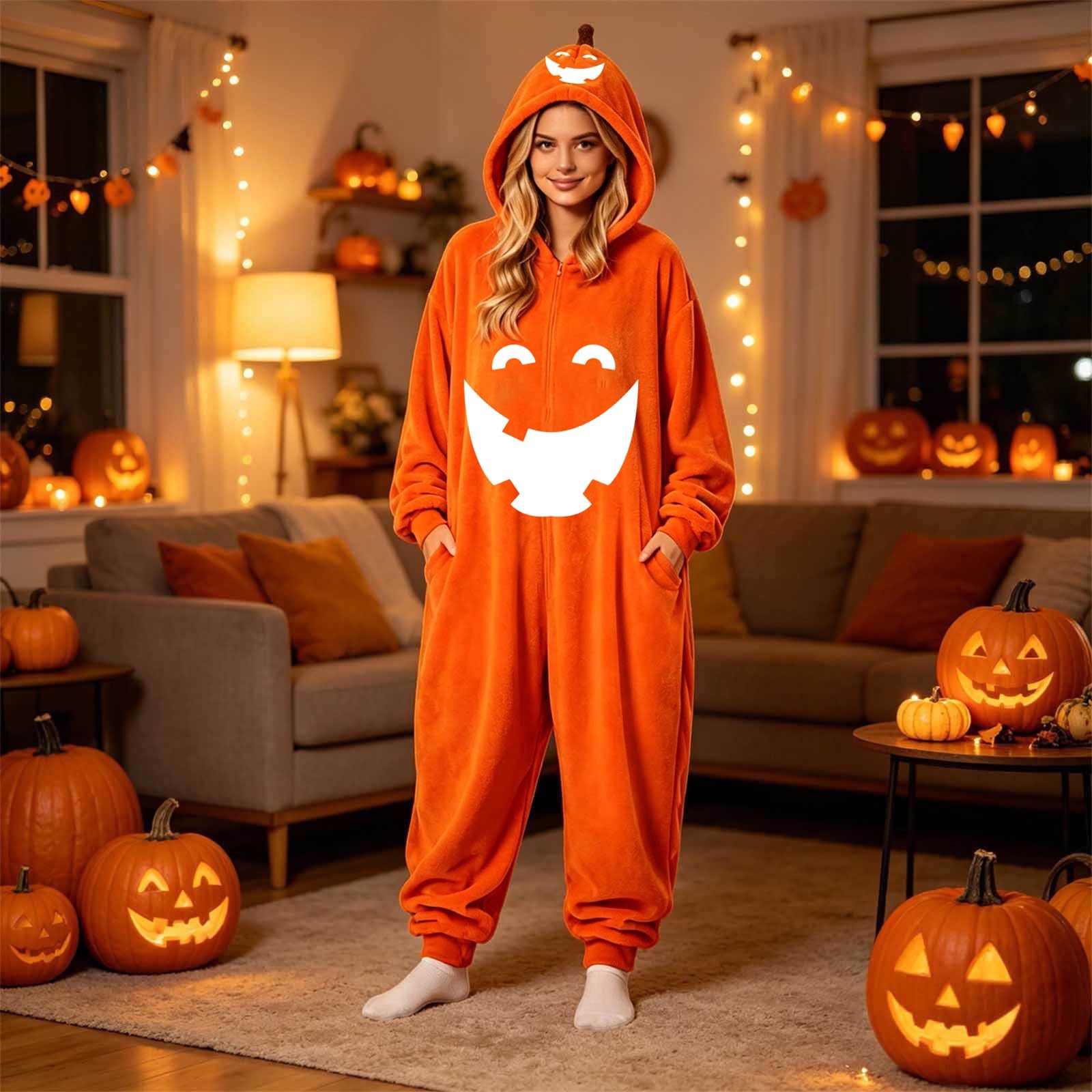 Tuta Halloween Adulto Pigiama Zucca Intero con Cappuccio Flanella Materiale Flanella Morbida, Tuta Halloween Adulto, Pigiama Zucca Caldo per Casa e Relax