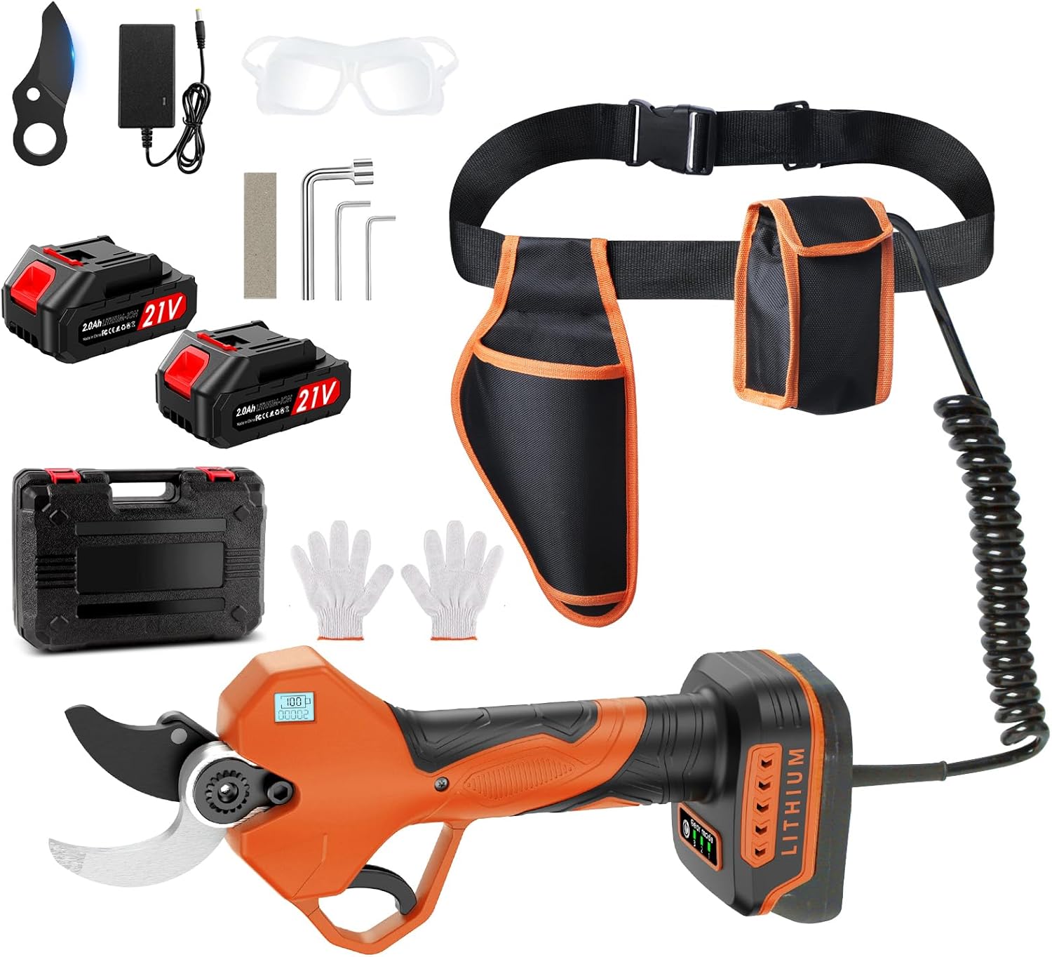 Electric Pruning Shears, Electric Loppers for Gardening, 2" Max Cutting Diameter, Cordless Pruner with 3 Modes,Portable Waist Bag, SK7 Blade, 2 * 2000mAh, LED Display for Branch, Tree&Flower Cutting