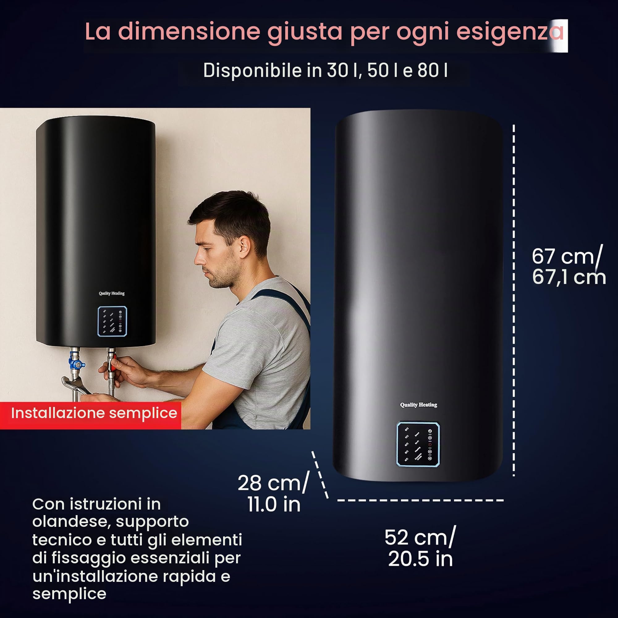 Scaldabagno Elettrico 80L WiFi con Controllo Digitale 2000W – Boiler Elettrico Smart con Controllo da App, Serbatoio Acqua Calda 80 Litri per Bagno, Cucina, Casa e Uso Professionale