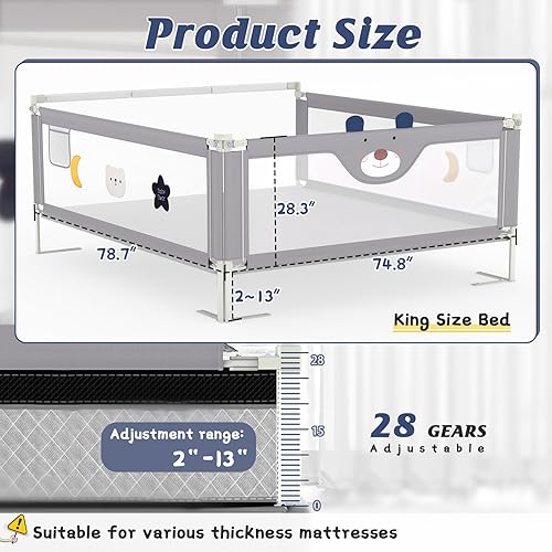 Miniatura 9 de Barandilla de cama de 3 piezas para niños pequeños con barra de cabecero, protector de riel ajustable para cama de bebé (78.7 x 78.7 x 59 pulgadas,