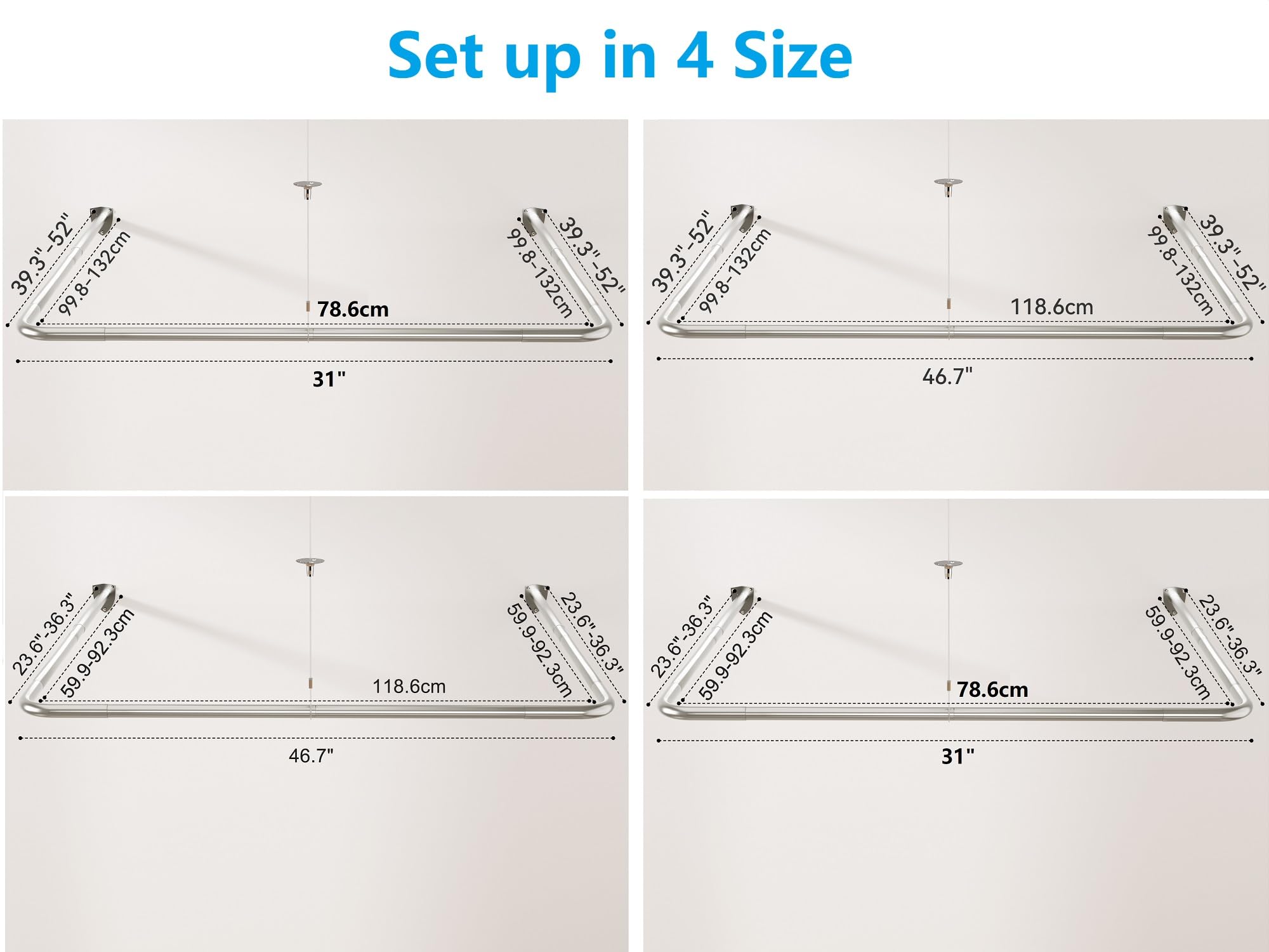 Barra per tenda doccia a forma di U, asta angolare con 12 anelli per tende e supporto a soffitto per vasca/bagno, montaggio a parete necessario [Entrambi i lati: 60 cm - 132 cm, Centro: 78 cm - 118 cm