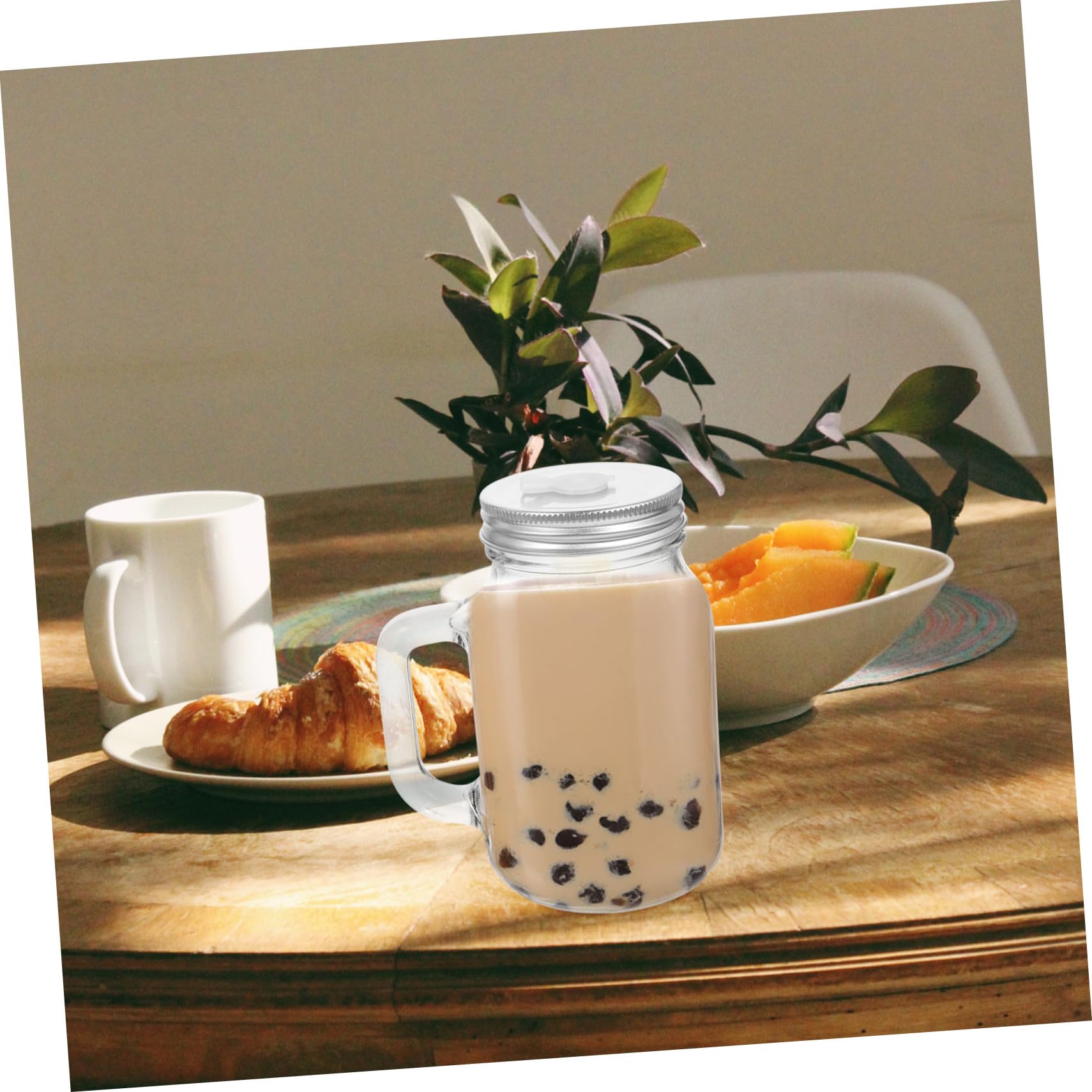 Uonlytech Vasos de Vidrio Capacidad 650ml Juego de 2 con Pajita y Tapa para Almacenar Jugo y Yogur, Diseño de Fondo Plano y Acero Inoxidable