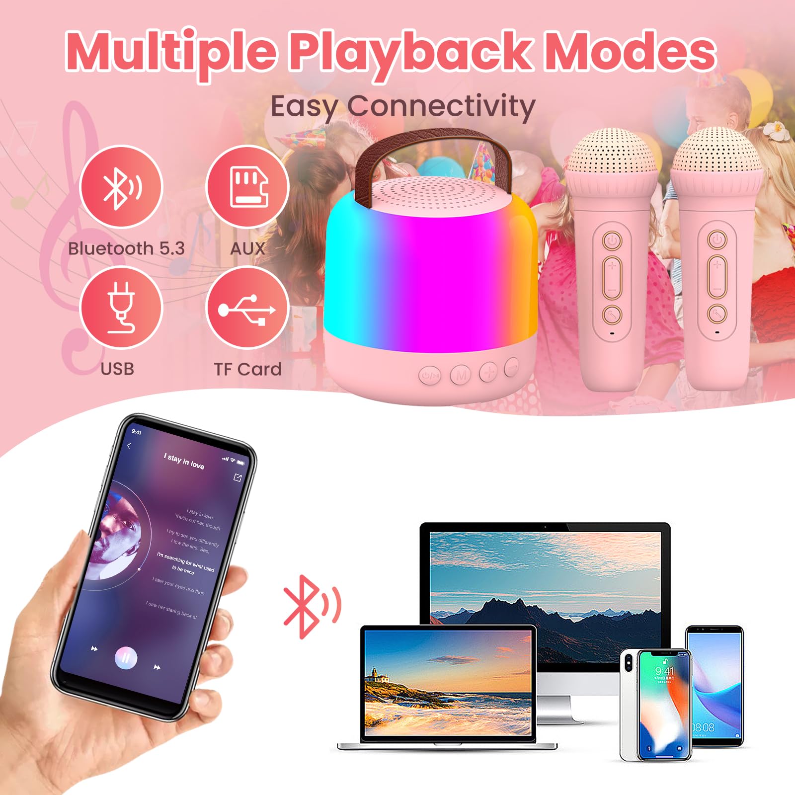AIUNAOM Karaoke per Bambini con 2 Microfoni Senza Fili Bluetooth, Regalo Bambina 3-12 Anni, Luci LED ed Effetti di Cambio Voce Macchina per Karaoke Portatile Regalo Ragazza e Ragazzi Giocattoli