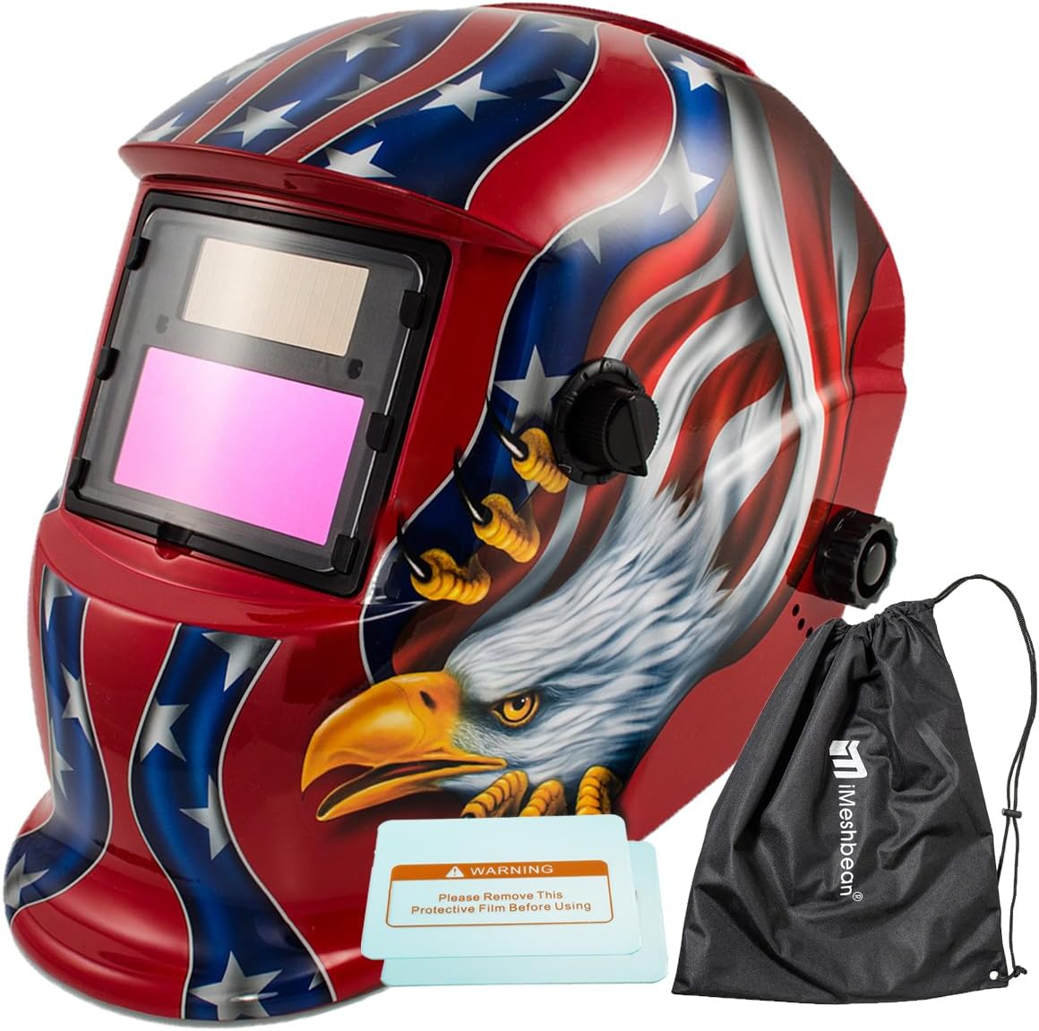 iMeshbean® Solar Auto Darkening Welding Helmet Arc Tig Mig Grinding Mask with Test Function & Low Battery Alarm Function American Eagle Design USA (Red)