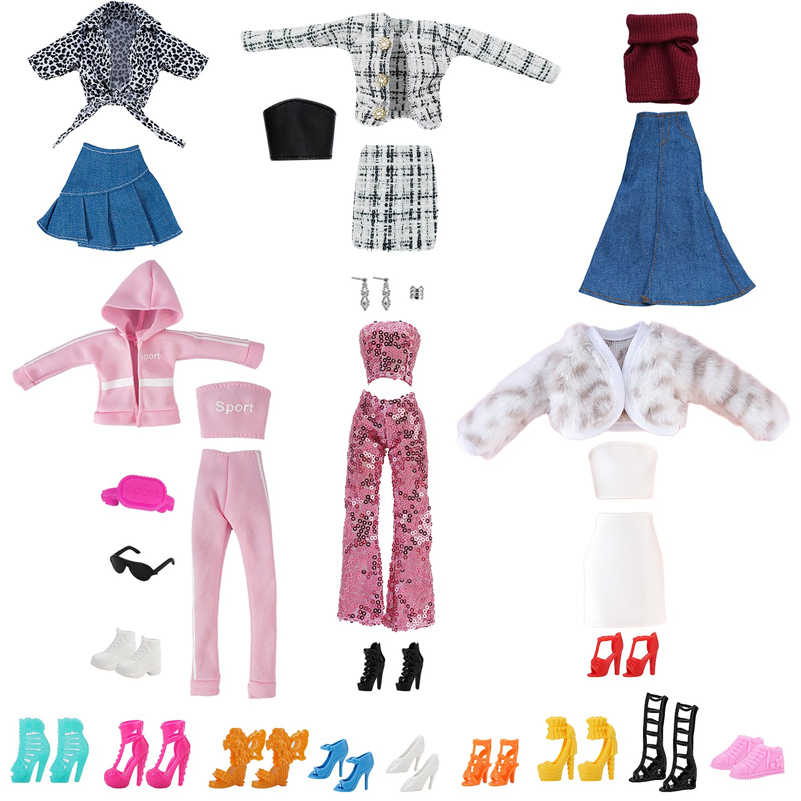 DAVBNM 11.5 Inch Girl Dolls Fashion Pack 6 Set Doll Clothes and Accessories Set, Including Mini Dress, Party Dress