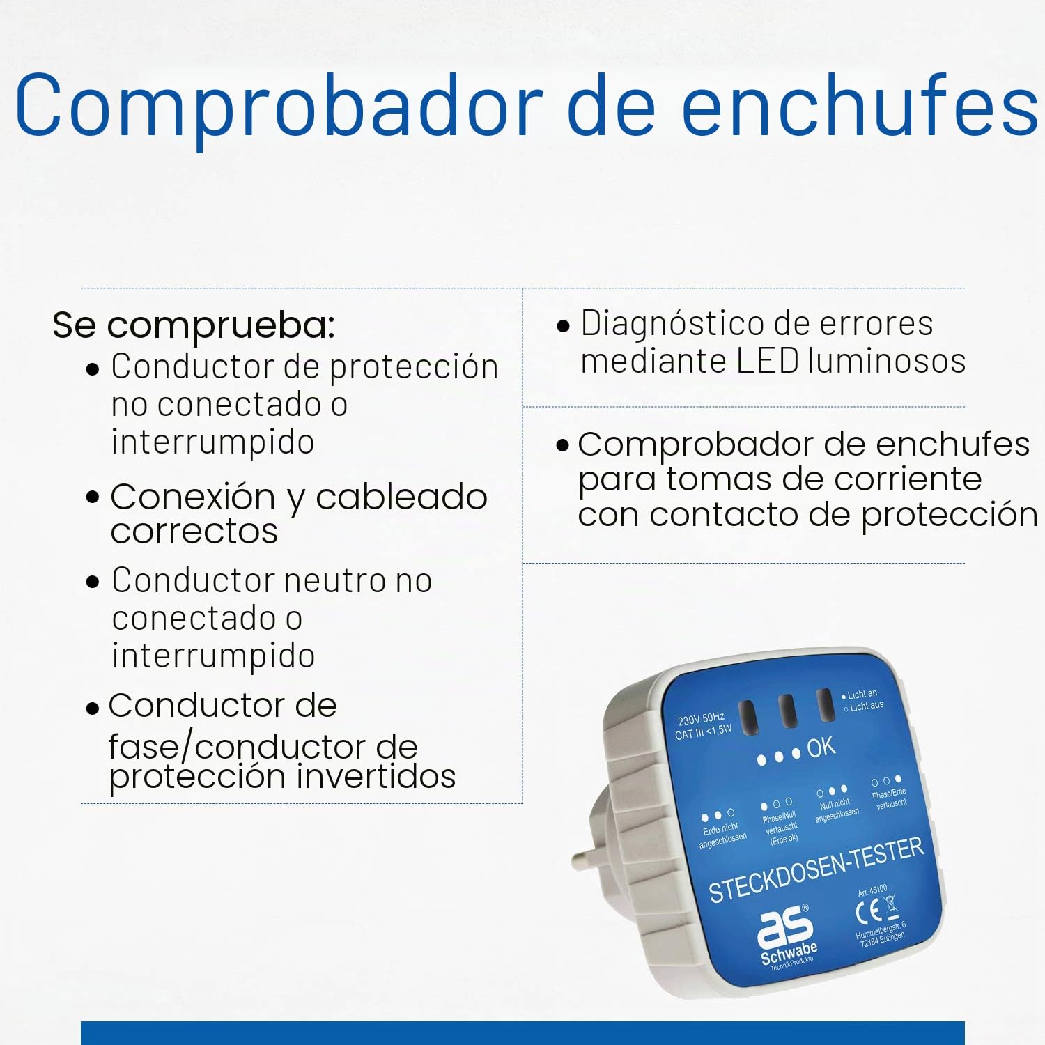 as - Schwabe comprobador enchufes Schuko - conector de diagnóstico con indicador luminoso - comprueba el cableado correcto en Tomas de corriente de 230 V - comprobador de circuitos, 45100