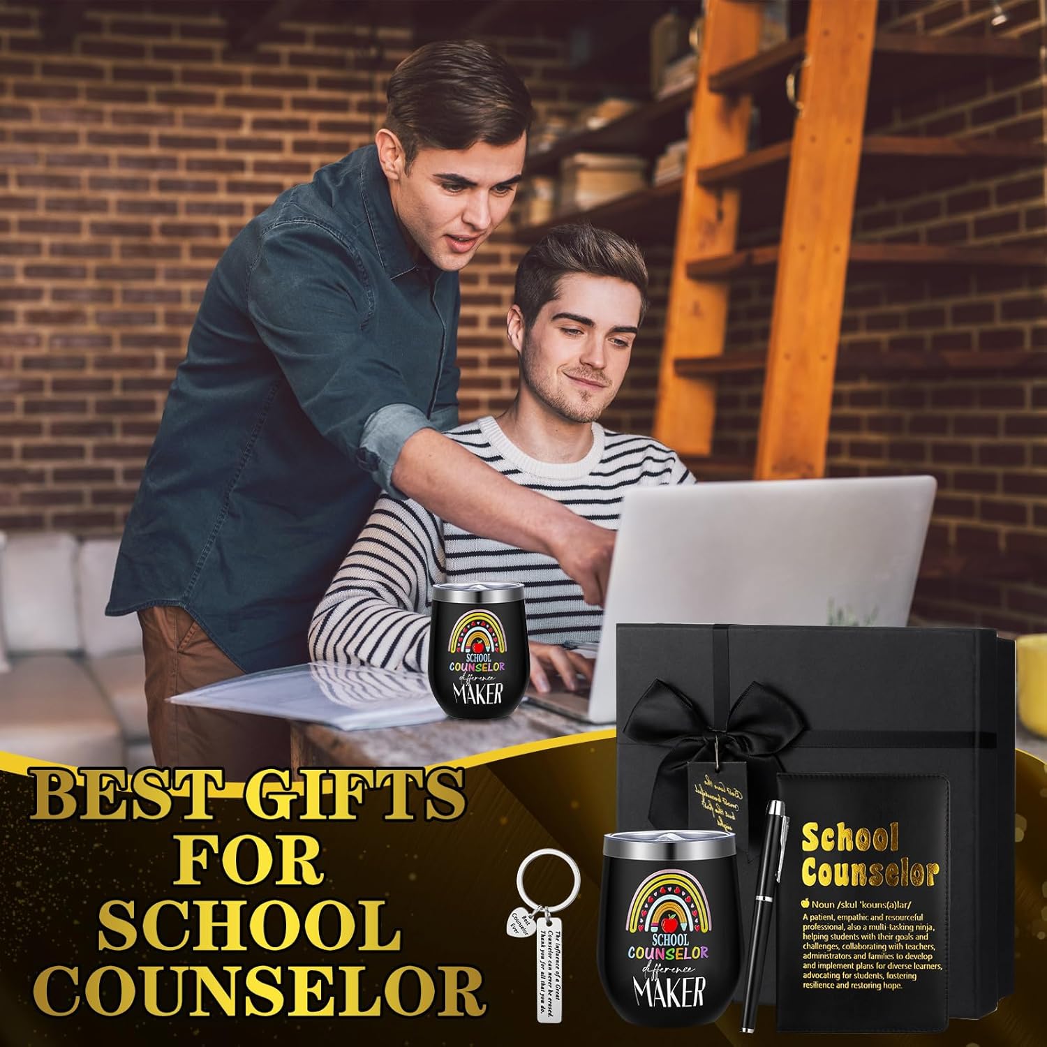 6 Pcs School Counselor Appreciation Gifts for Men Women Counsellor Thank You Gifts 12 oz Stainless Steel Cup Socks Keychain Pen Notebook Box for School Counselor Week Guidance Teacher - Image 4