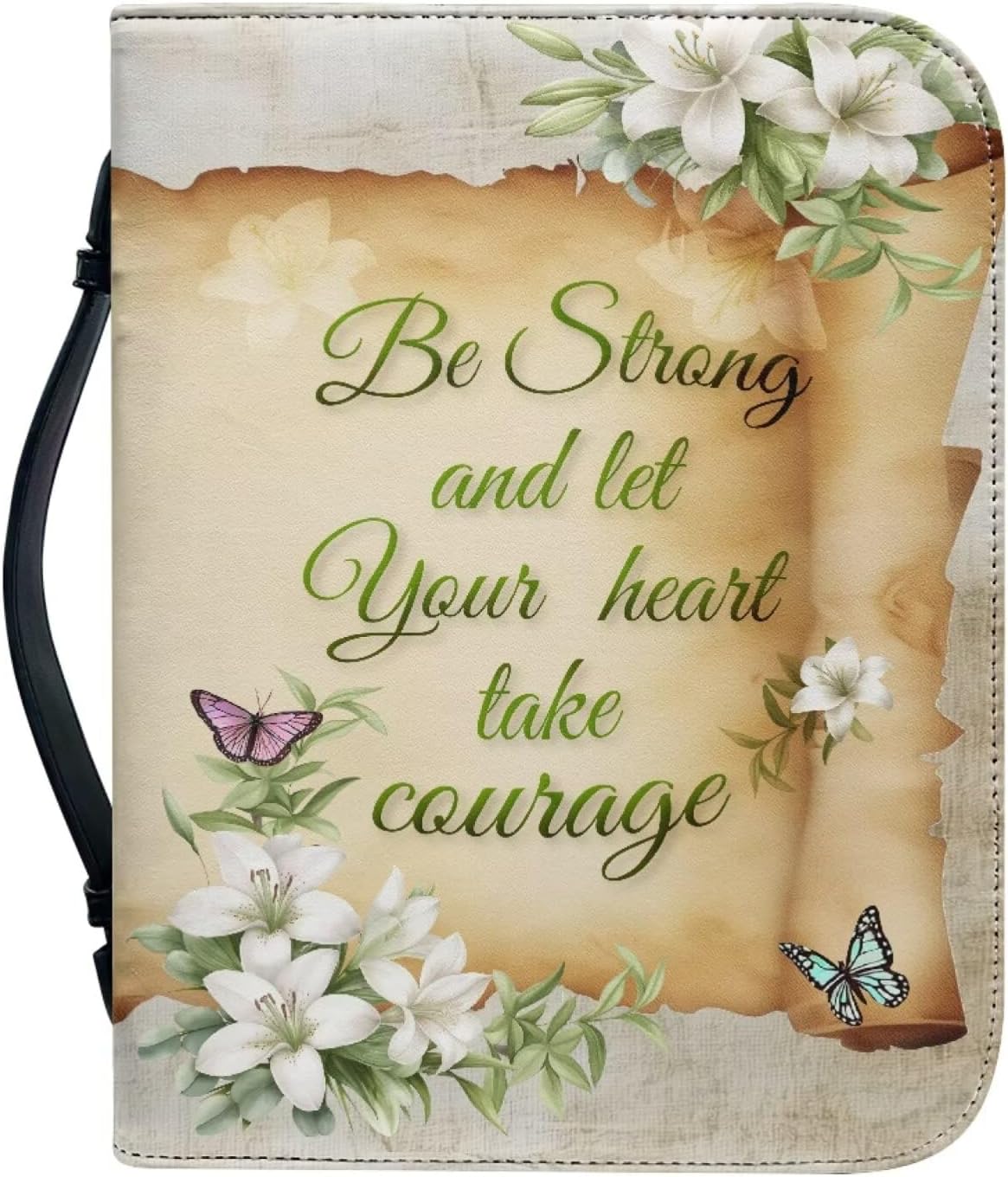 Lily Butterfly Print Bible Cover for Women PU Leather Book Organizer Case, Verse Deisgn Bible Carrying Bags with Handle Multifunction Journal Case Christian Purses Handbags