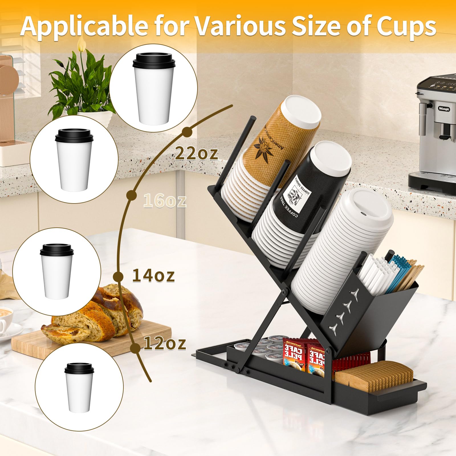 Porta tazze e coperchio con cannuccia, organizer per stazioni di caffè, 3 scomparti, per accessori da bar e caffè, piano di lavoro, bicchieri di carta usa e getta, bicchieri di plastica,