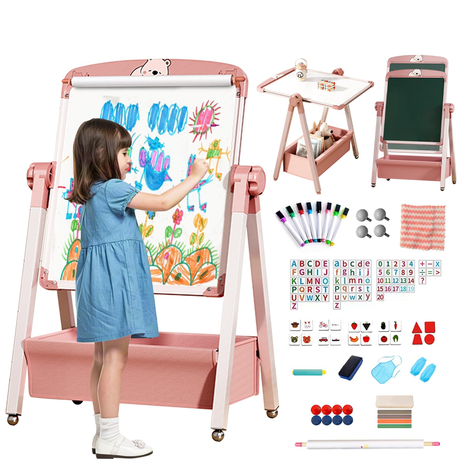 Caballetes para Niños 3 en 1 Pizarra Caballete Pintura Infantil de Doble Cara Plegable con Papel en Rollo Altura Ajustable Giratoria 360°, Pizarra con Caja de Almacenamiento para niños y niñas