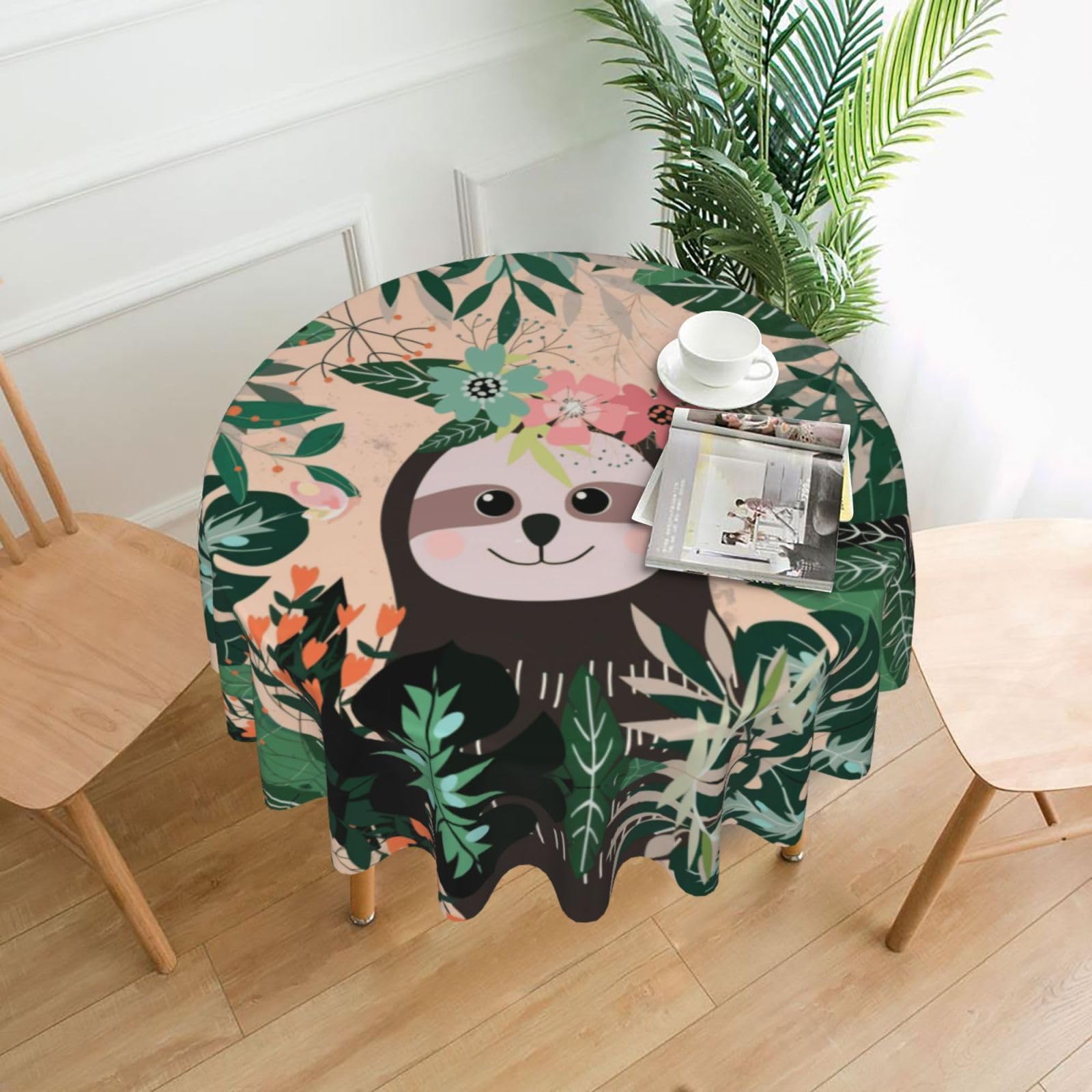 HLSBSSL Sloth And Flowers Printed round decorative tablecloth, 60 inches, suitable for various tables in the living room, dining room, coffee table, etc.