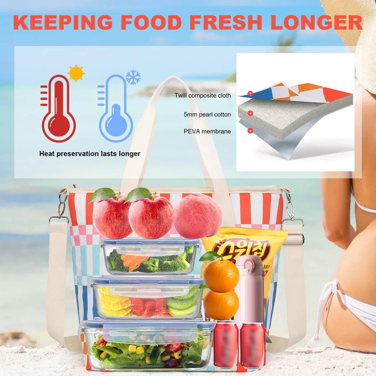 Nanxson 9L/15L/29L Large Insulated Lunch Bag for Women Adult Reusable Leakproof Picnic Lunch Box Freezable Cooler Tote Bag (29L,B-Multicoloured Plaid) - Image 3