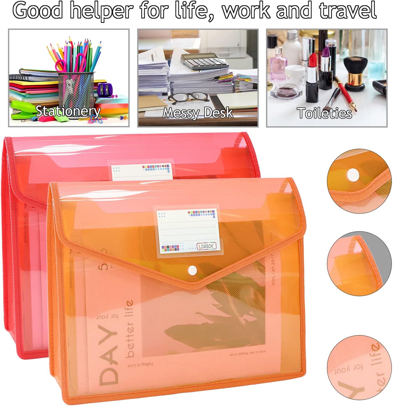 YoeeJob Plastic File Folders Legal Size 2 Pcs, Expandable Document Folder with Snap Button Closure, A4 Expanding File Wallet Envelopes Pouch with Label Pocket, Orange&Red image 2