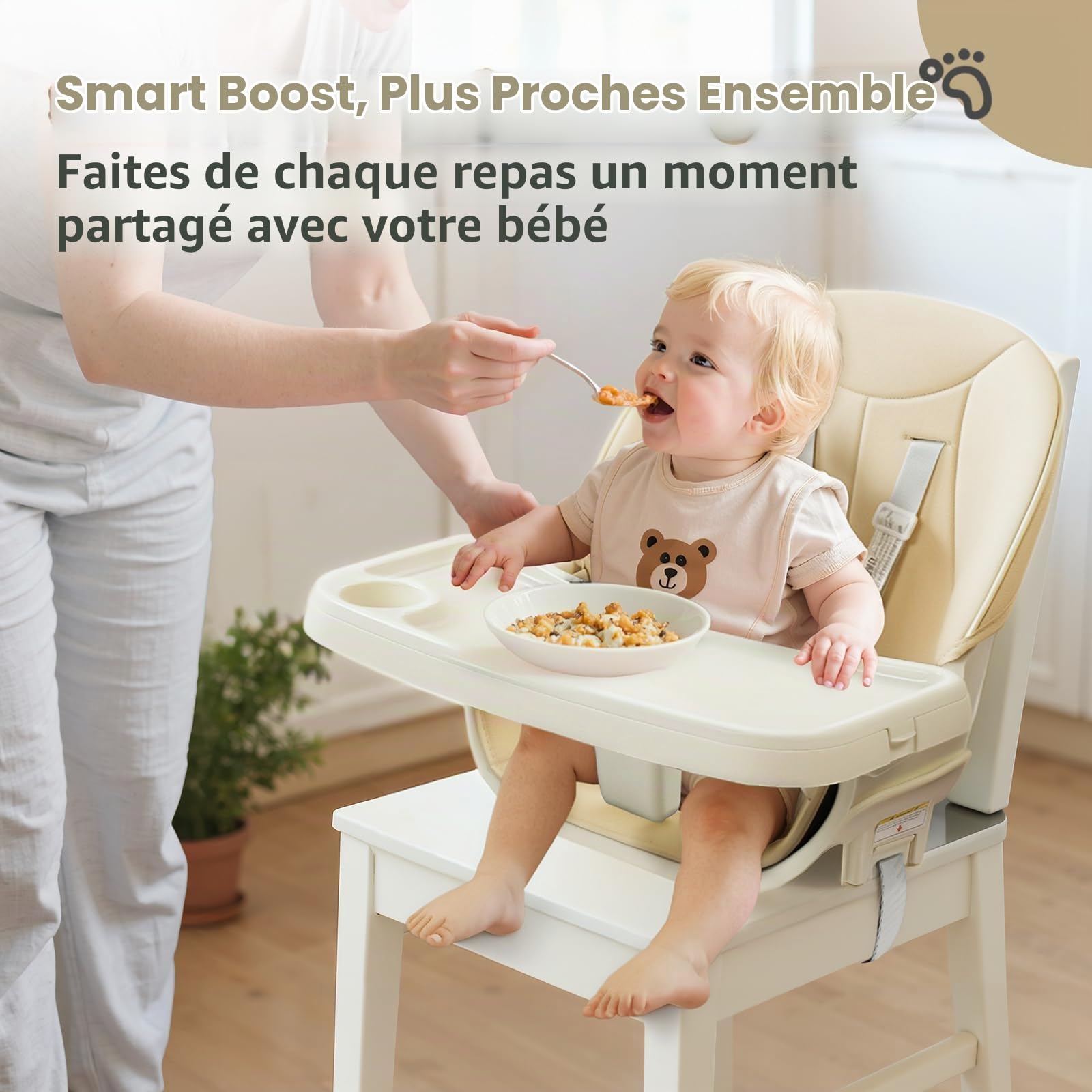 BONNLO Chaise Haute Bébé Évolutive, Pieds en Bois Fixes & Structure Renforcée, Pliable pour Chaise Adulte, 4 KG Ultra-Léger, Réglable en Hauteur, Ceinture 5 Points, Nettoyage Simplifié (Neige)