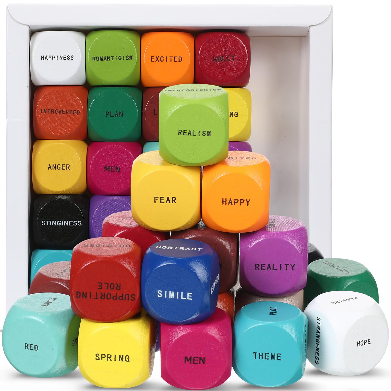 Arrowbash 20 Pcs Wood Writing Dice for Writers Creative Inspiration Creative Writing Story Dice Metaphor Dice Gifts for Writers Authors Creative Writing Games for Teachers Supplies(Classic Color)