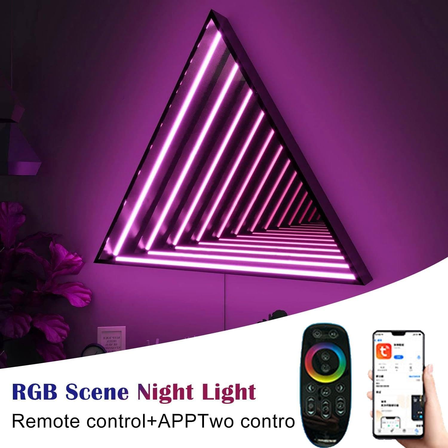 Lampa lustrzana tunelowa ze zdalnym sterowaniem, nieskończona lustrzana lampa nocna z wieloma kolorami, wiszące lampy ścienne 3D, do sypialni, pokoju dziecięcego Triangle-70cm