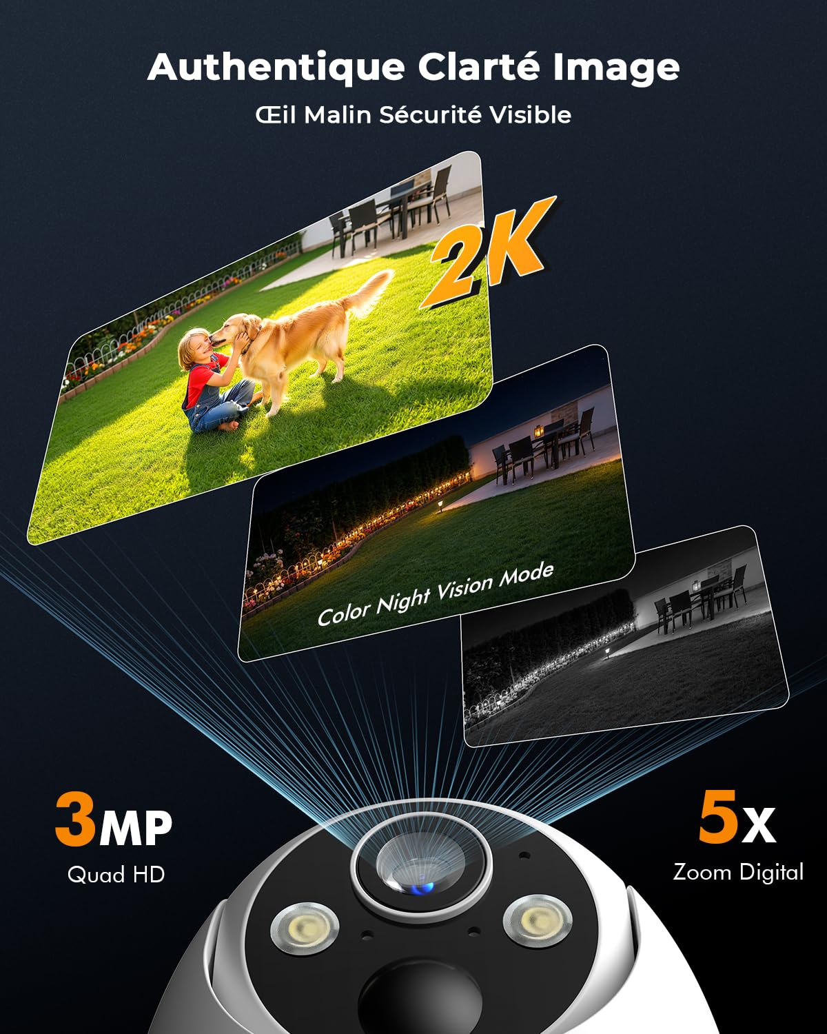 2K Camera Surveillance WiFi Exterieure sans Fil, Énergie Solaire et 360° PTZ, Caméra Solaire Batterie 2,4 G, Double Antenne Vision Nocturne Couleur, Détection PIR Audio Bidirectionnel Blanc
