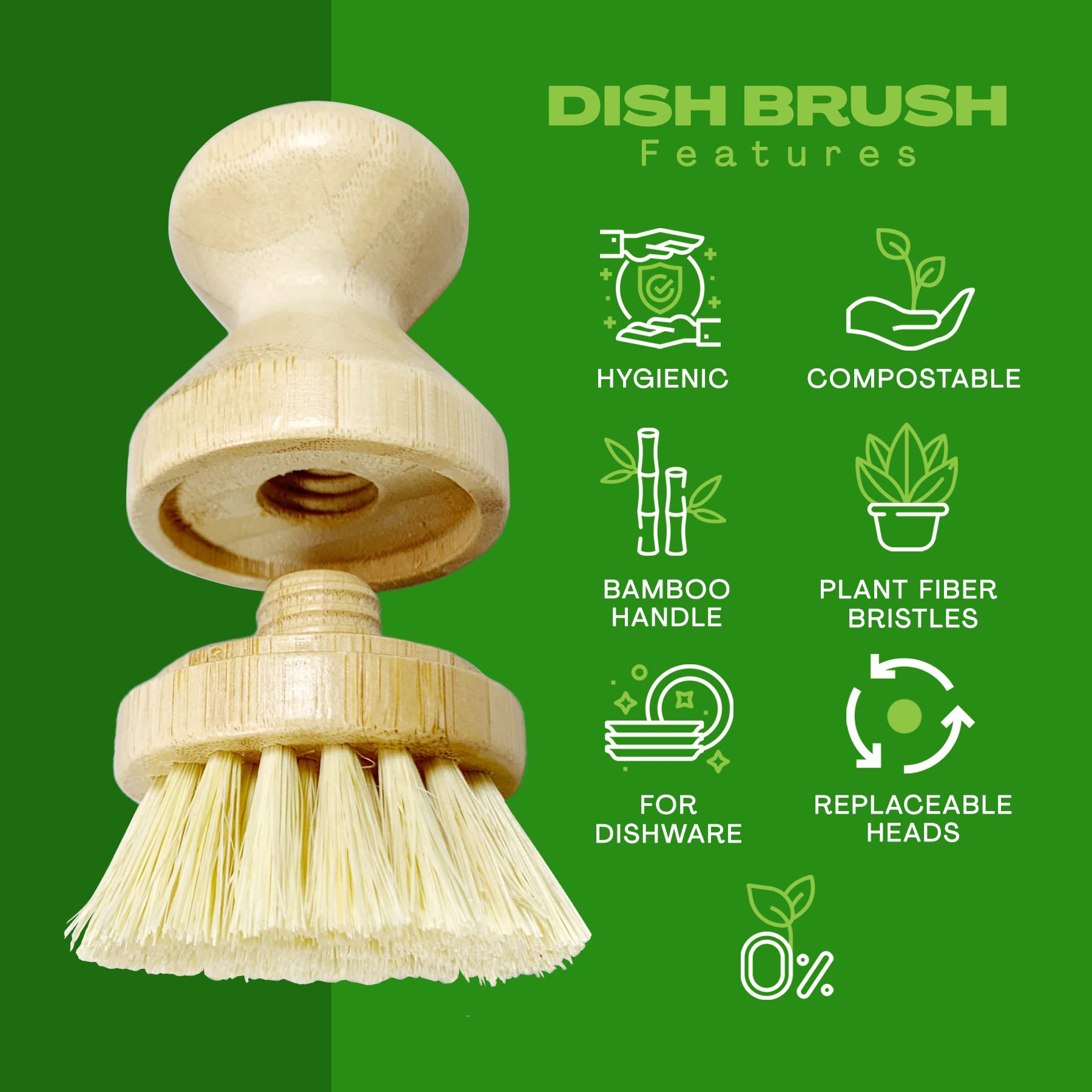 JuneLily Short Sisal Dish Brush Plant-Based for Kitchen Bathroom Cleaning Produce Washing Dishes (Short Brush & Sisal Brush Head)