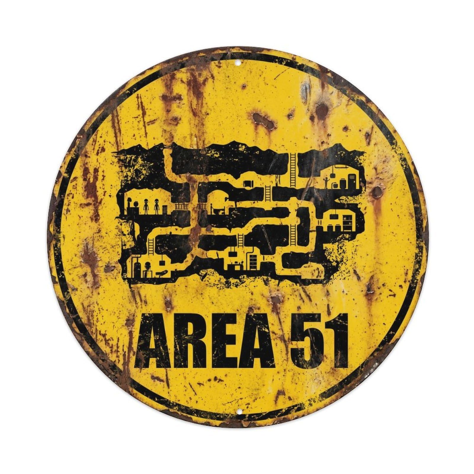 Vintage Alien Area 51 Subterranean Base Metal Tin Sign Plaque Wall Decor for Cafe, Club, Garden Round Metal Poster 8x8Inch