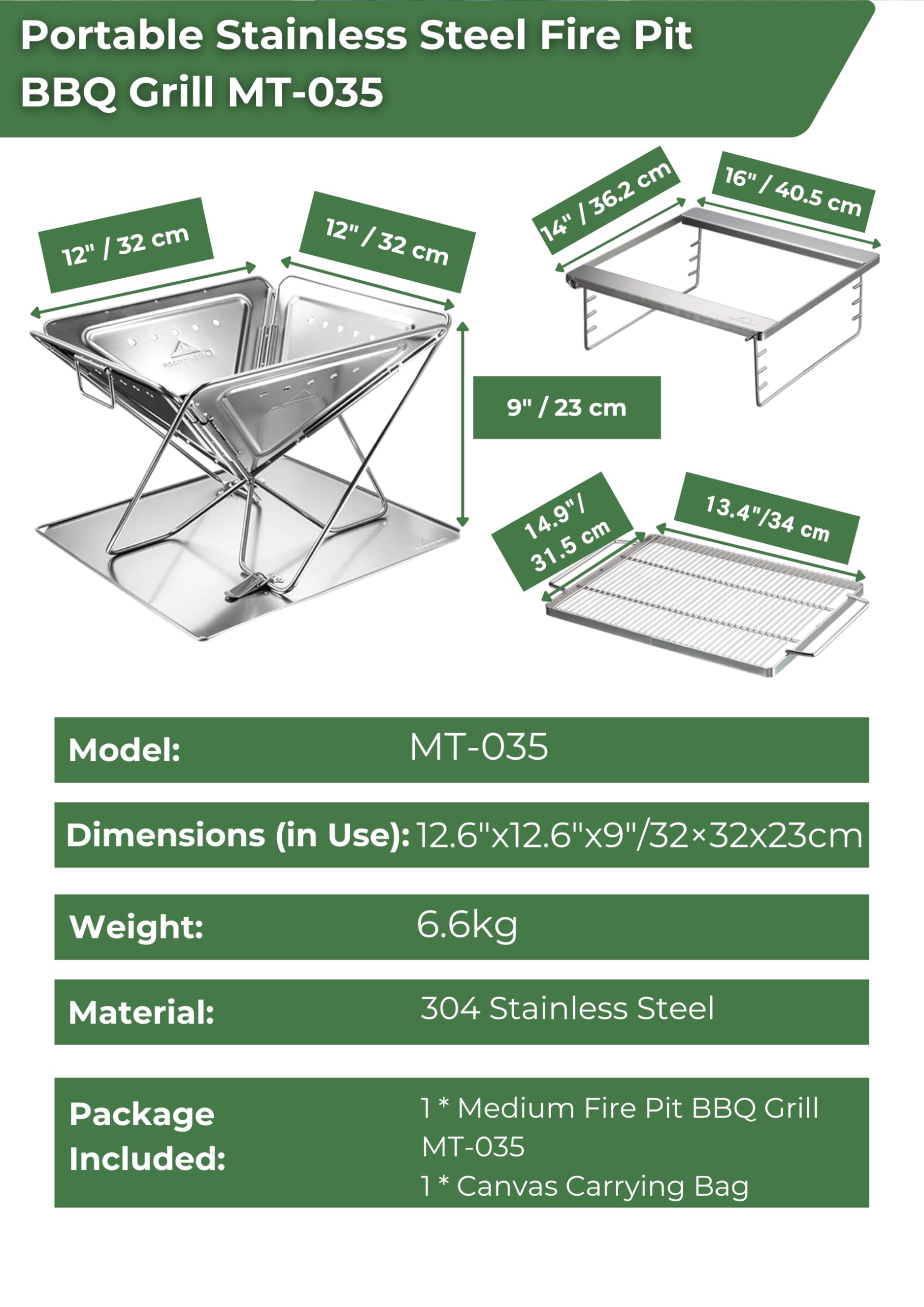 Campingmoon MT-035 - Griglia portatile 3 in 1, in acciaio INOX, per legna e braciere, 35,6 x 39 cm, con borsa per il trasporto