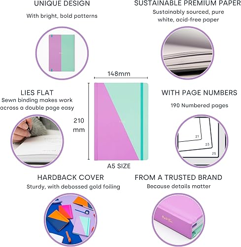 Miniatura 8 de Yop & Tom Diario con forro de contraste, cuaderno A5 con papel grueso de 3.53 ozm y encuadernación plana, lila y menta