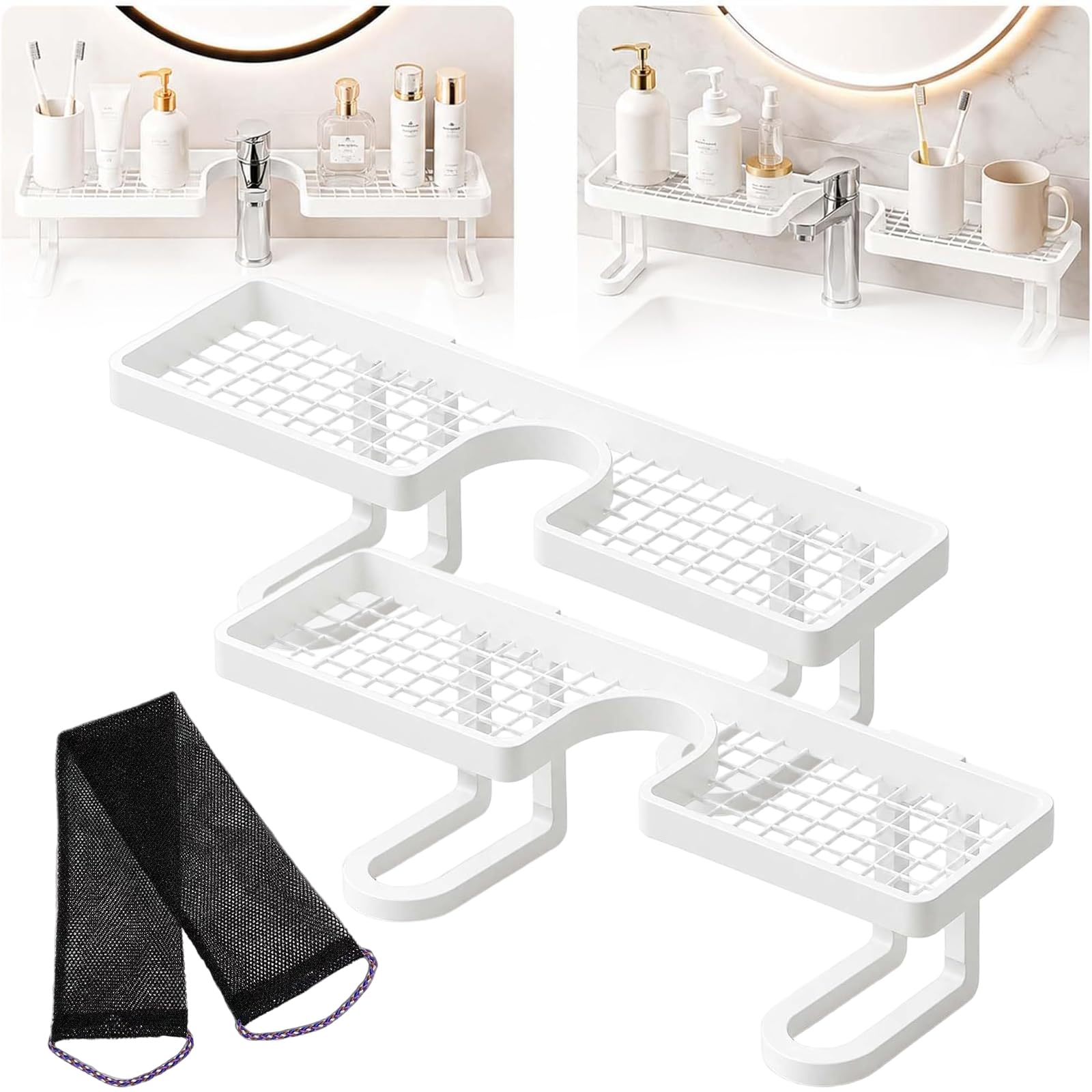 Organizador de Lavabo sobre el Grifo, sin Necesidad de taladrar, Estante en Forma de U para Cocina y baño, Base ahuecada, fácil de Instalar y con Drenaje Sencillo (White*2,1)