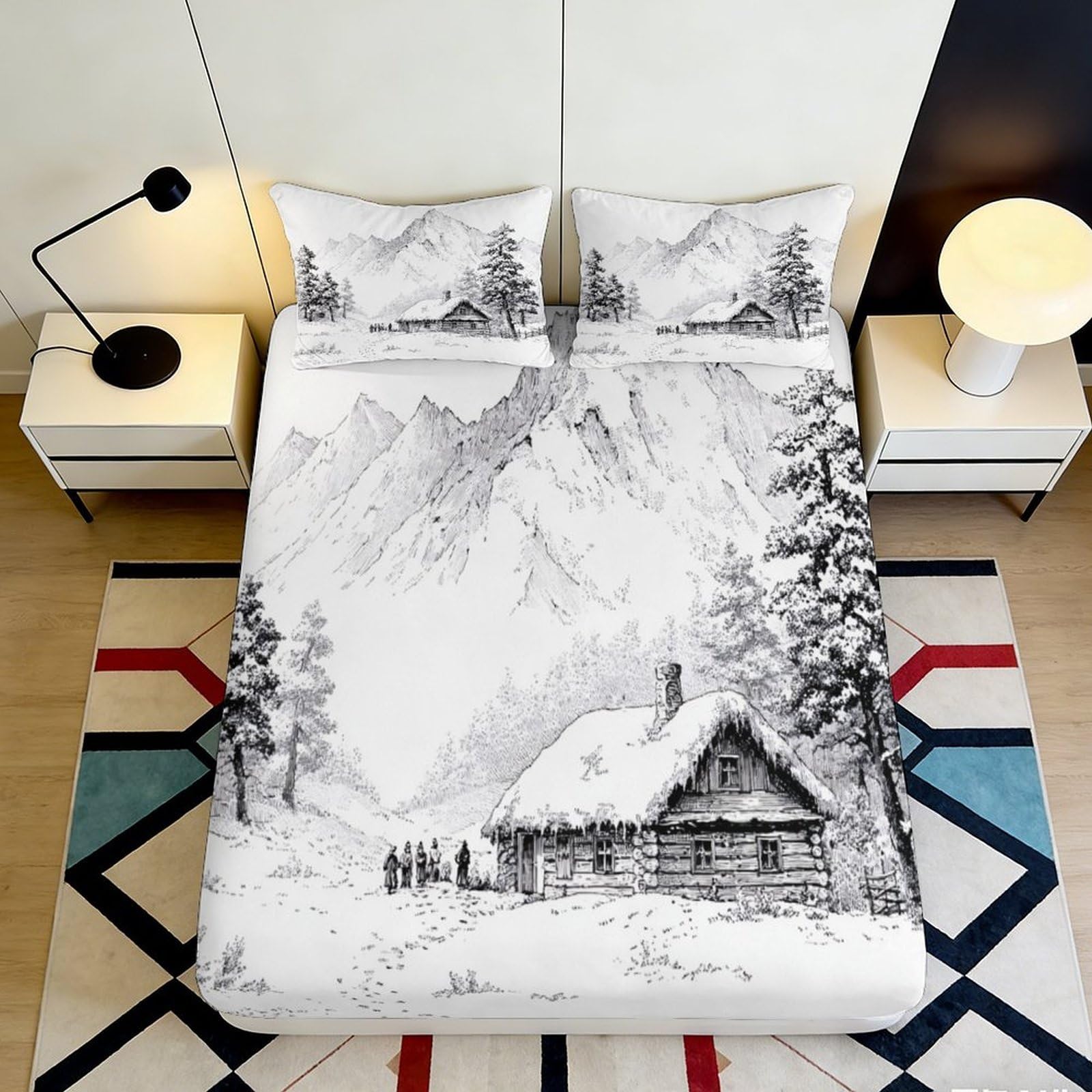 3D Printed Mountain Landscape Fitted Sheet Microfiber Soft Breathable Snowy Cabin Bed Cover for Bedroom Dormitory Guest Room Mattress Protection Decor 180x200x25cm