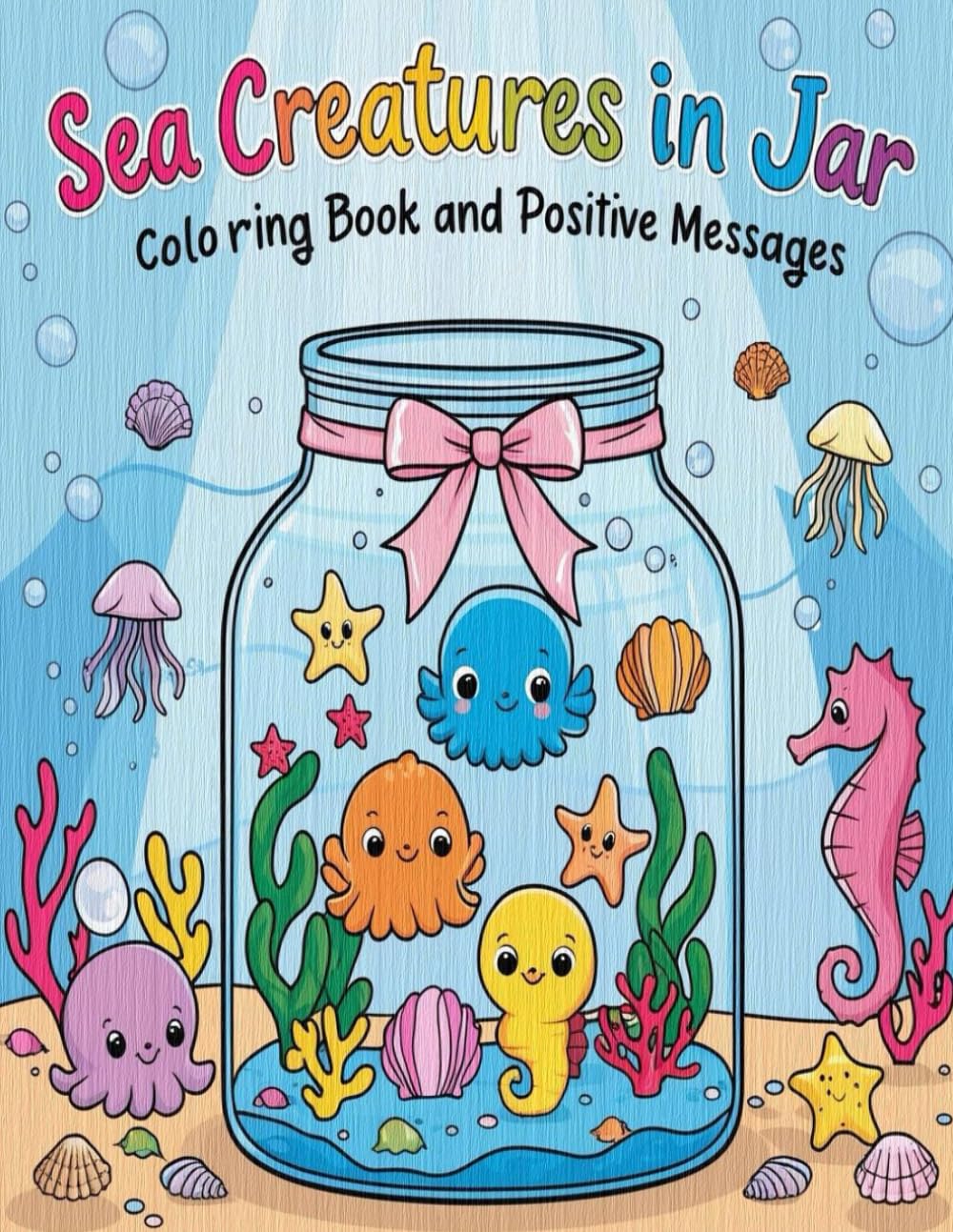 Sea Creatures in Jar Coloring Book and Positive Messages: imaginative illustrations featuring sea creatures tucked into whimsical jars, surrounded by stunning oceanic details.