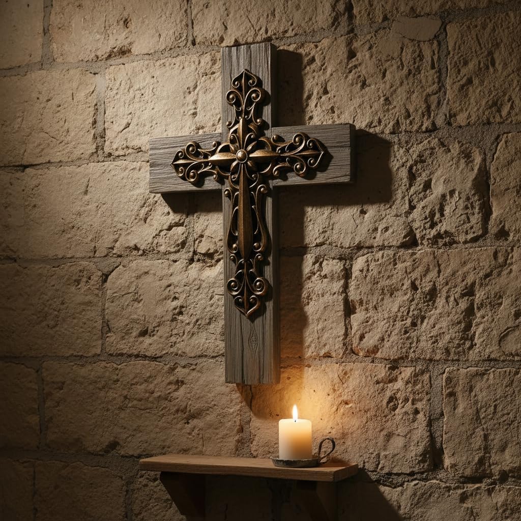 Comfy Hour 13" Decorative Layered Wall Cross, Antique Style Copper Tone Cross on Rustic Wood Look Base, Artisan Crafted Resin Plaque for Home and Office Wall Art