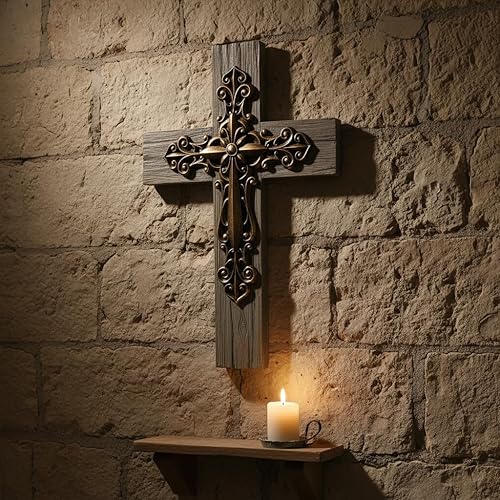 Miniatura 6 de Comfy Hour Faith and Hope Collection - Cruz de cobre hecha a mano en capas de 13 pulgadas, decoración de pared artística, estilo antiguo, resina