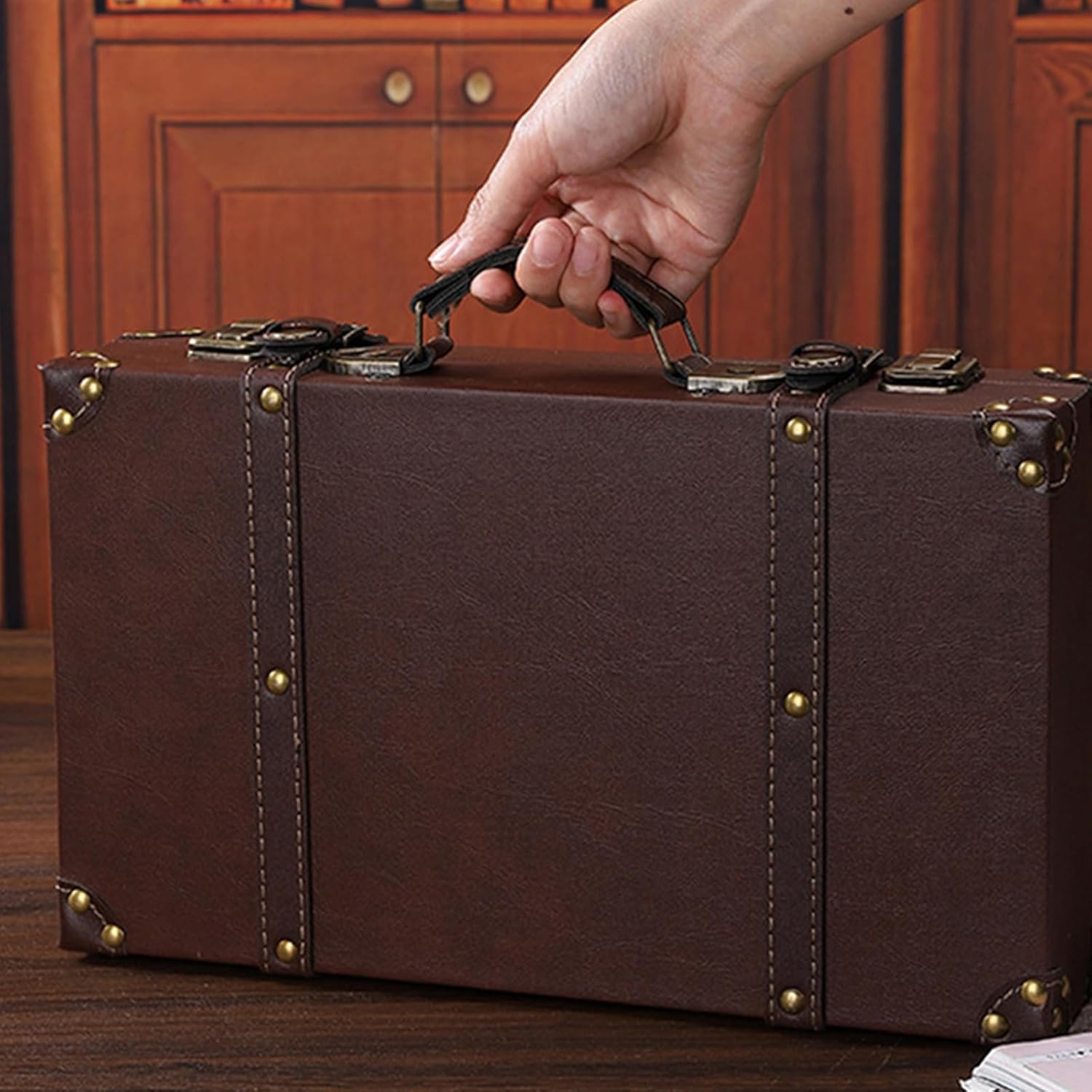 Handmade Wooden And Leather Suitcase Small Storage Chest Decorative Trunk Clothing Store Window Display Decoration Handmade Wooden Suitcase