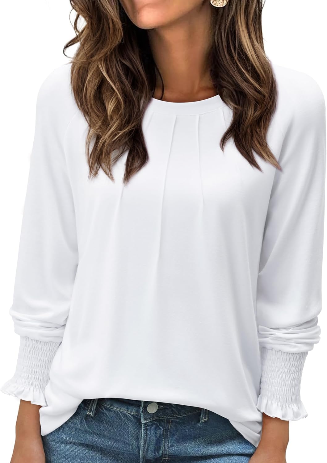 Womens Long Sleeve Shirts Spring Fashion Dressy Tops Cute Crewneck Blouses Casual Pleated Front Tunic Tops