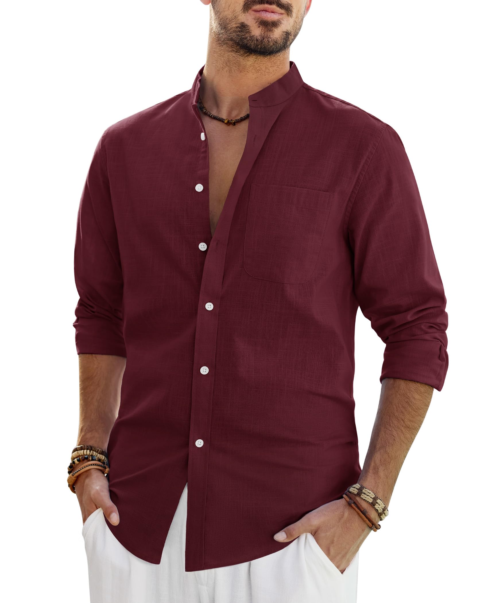 J.VER Leinenhemd Herren Hemd Langarm Stehkragen Leinenshirt Baumwolle Atmungsaktiv Regular Fit Freizeithemden Casual Sommer Strand Leinen Shirt mit Tasche