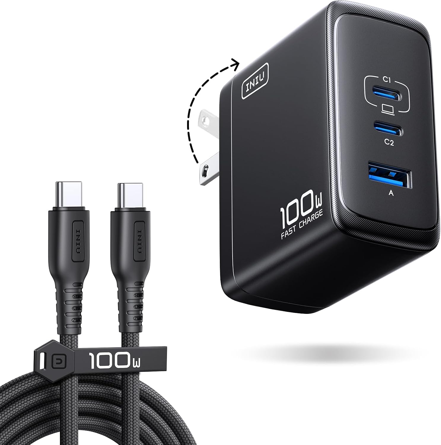100W USB C Laptop Charger, GaN Fast Charging Block for with 100W Cable | 3-Port, Foldable Travel Charger for MacBook Neo, iPad Air 11, iPhone 18 17 16 Pro Max, Samsung S26 S24 Ultra, Pixel 10, Black