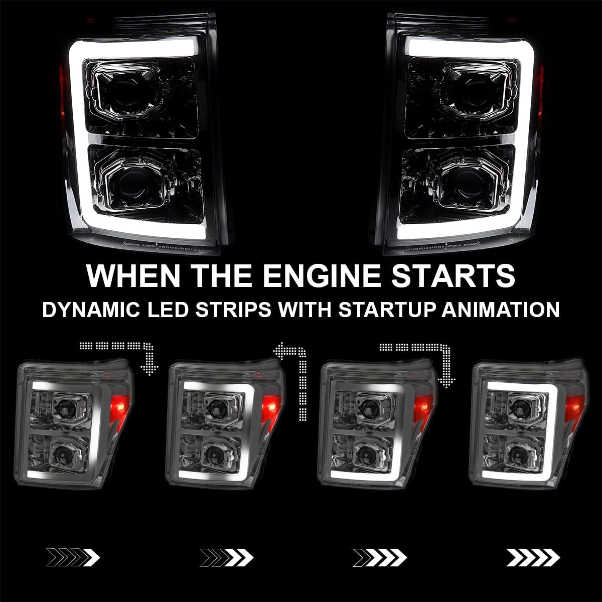 SPEC-D TUNING Chrome Projector Headlights w/Switchback Sequential LED Bar and Startup Animation Compatible with 2011-2016 Ford F250, F350, F450, F550 Super Duty, Left + Right Pair Headlamps Assembly