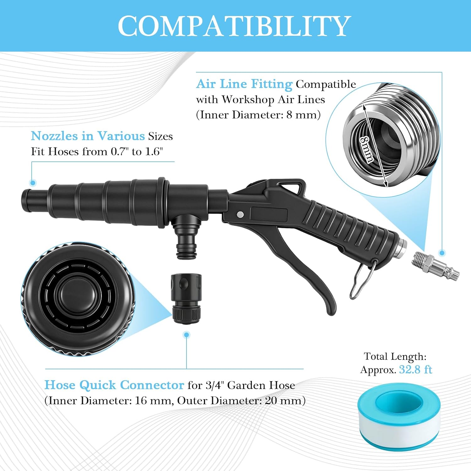 1 Pcs Coolant System Flush Gun with Nozzles Air and Water Combo Flushing Set, Lever Action Heater Core Flush Kit, Radiator/Cooling System Flusher for 19-40 mm Hoses