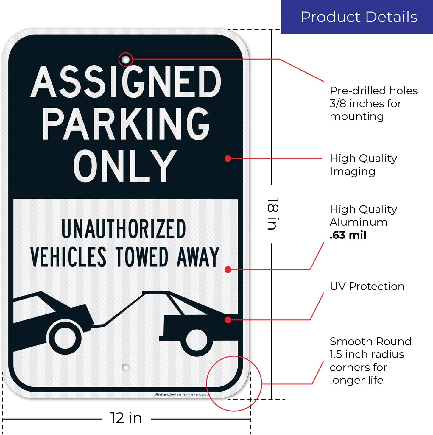 Assign,ed Parking Only Sign, 12x18 Inches, 3M EGP Reflective .063 Aluminum, Fade Resistant, Easy Mounting, Indoor/Outdoor Use, Made in USA