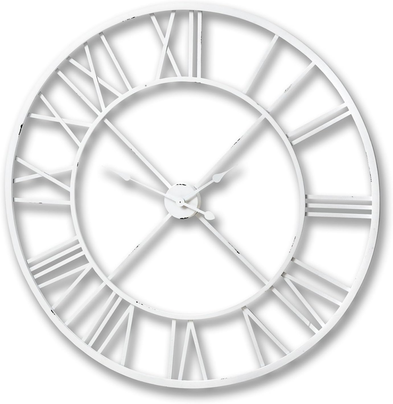 Large 100cm Cut Out White Distressed Metal Skeleton Wall Clock w Roman Numerals