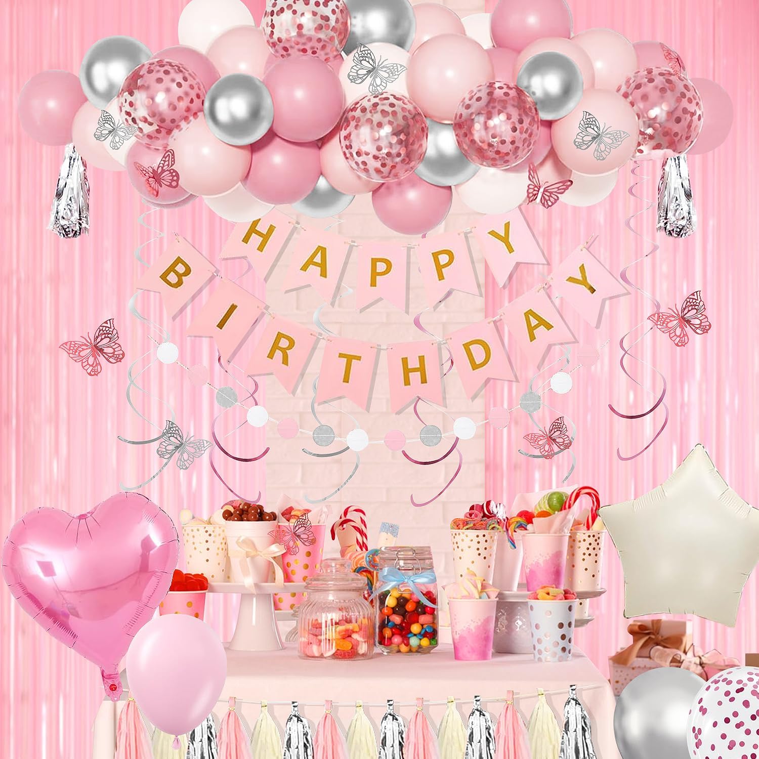 Pink Birthday Party Decorations for Women Girls,Happy Birthday Banner,Fringe Curtains, Butterfly Decorations,Hanging Swirls,Circle Dots,Tassels Pompoms,Pink Balloons Foil Silver Balloons - Image 7