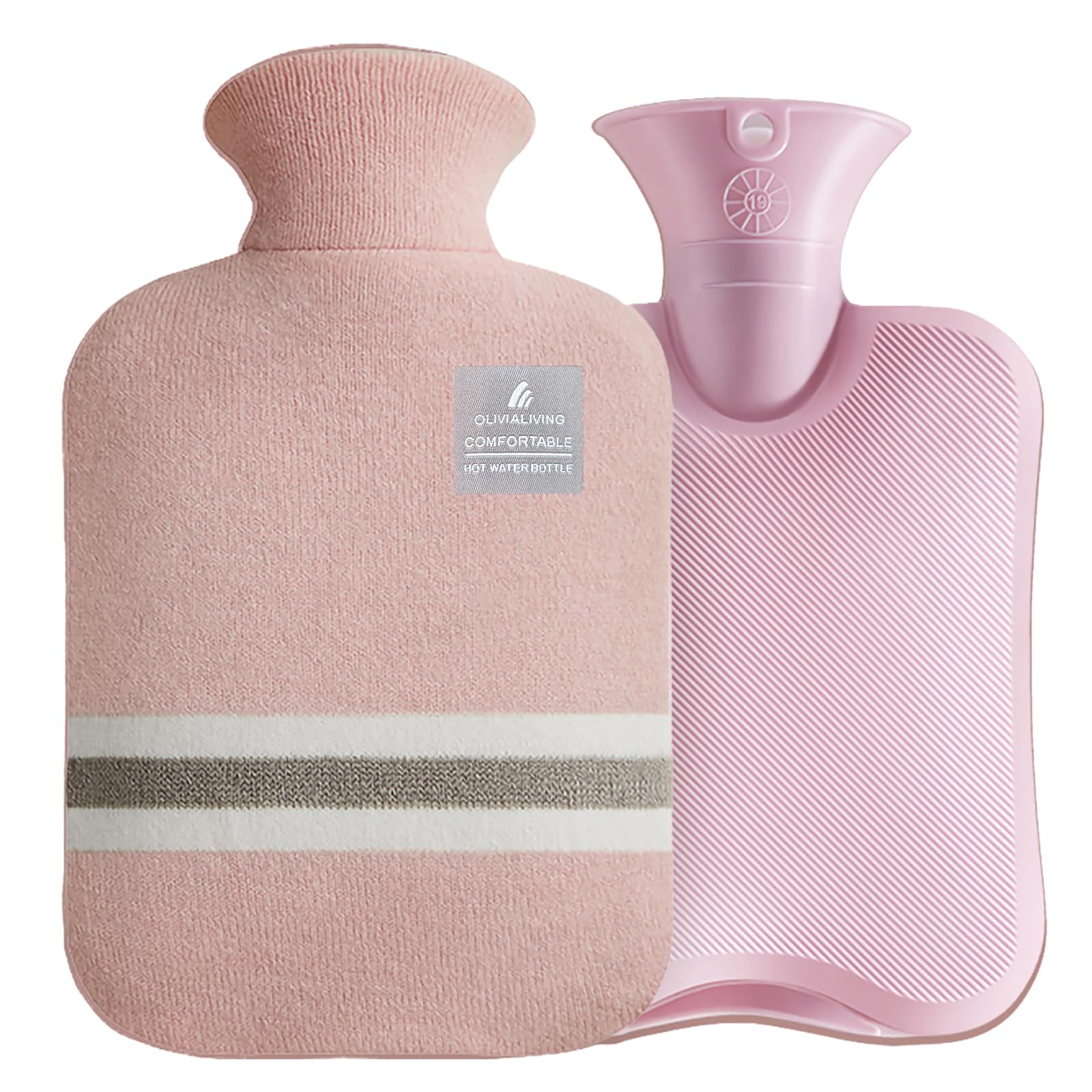 OliviaLiving Hot Water Bottle with Classic Striped Cover, 2L Hot Water Bag for Menstrual Cramps, Neck and Shoulder Pain Relief, Hot and Cold Therapies