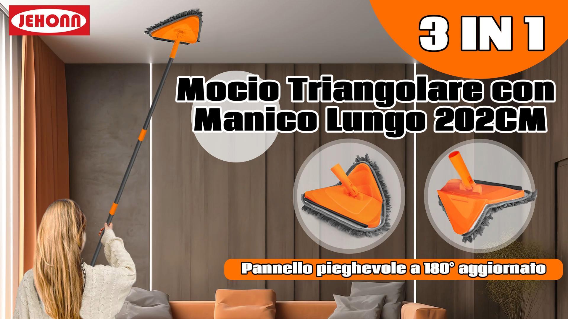 Mocio Allungabile Per Pavimenti E Pareti - Testa Triangolare 360°, 6 Tamponi Microfibra, Manico Fino 200cm - Foto 3